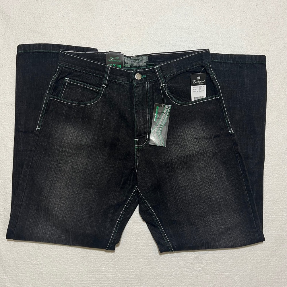 Evolution In Design Mens Black Green Contrast Stitch Jeans 36x34 NWT
